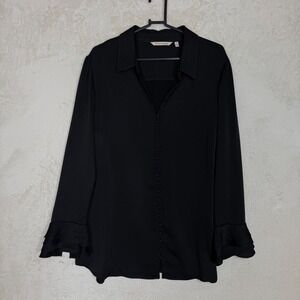 Soft Surroundings Black Button Down Blouse Ruffle Cuff Womens XL Feminine